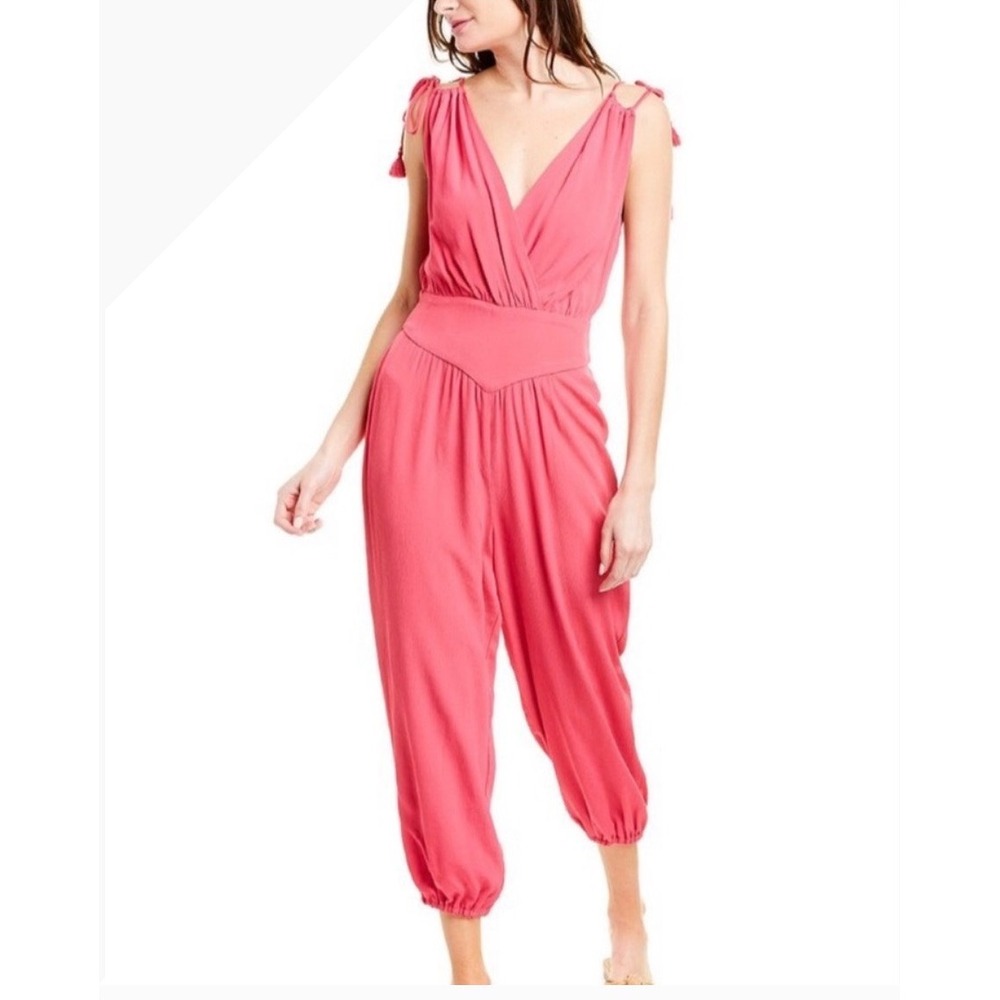 Trina Turk Pink Tassel Tie Shoulder Surplice Jumpsuit 195602 Womens Small
